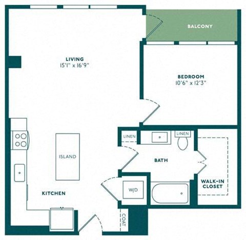 Floor plan for 1 bed, 1 bath, 786 sqft
